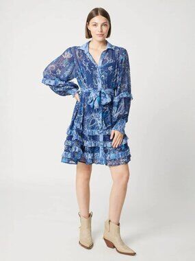 NWT MISS JUNE Women's Mini Dress Navy Blue Ella Floral Ruffled Button Up OS